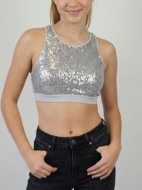 American Eagle Aerie Silver Sequin Crop Tank Top Medium